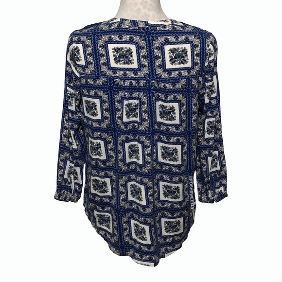 Anthropologie Porridge Belmar Blue Floral Geometric Print 3/4 Sleeve Blouse - Picture 11 of 13